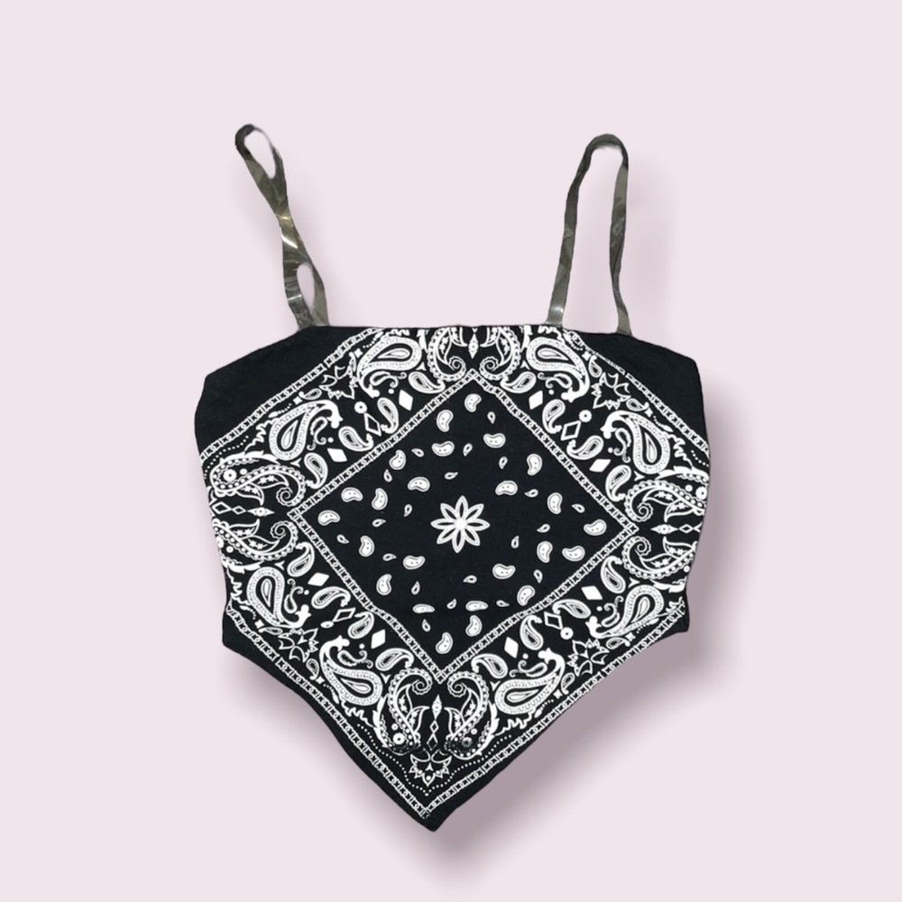Paisley Print Black & White Bandana Top & Transparent Straps | Size: S/M